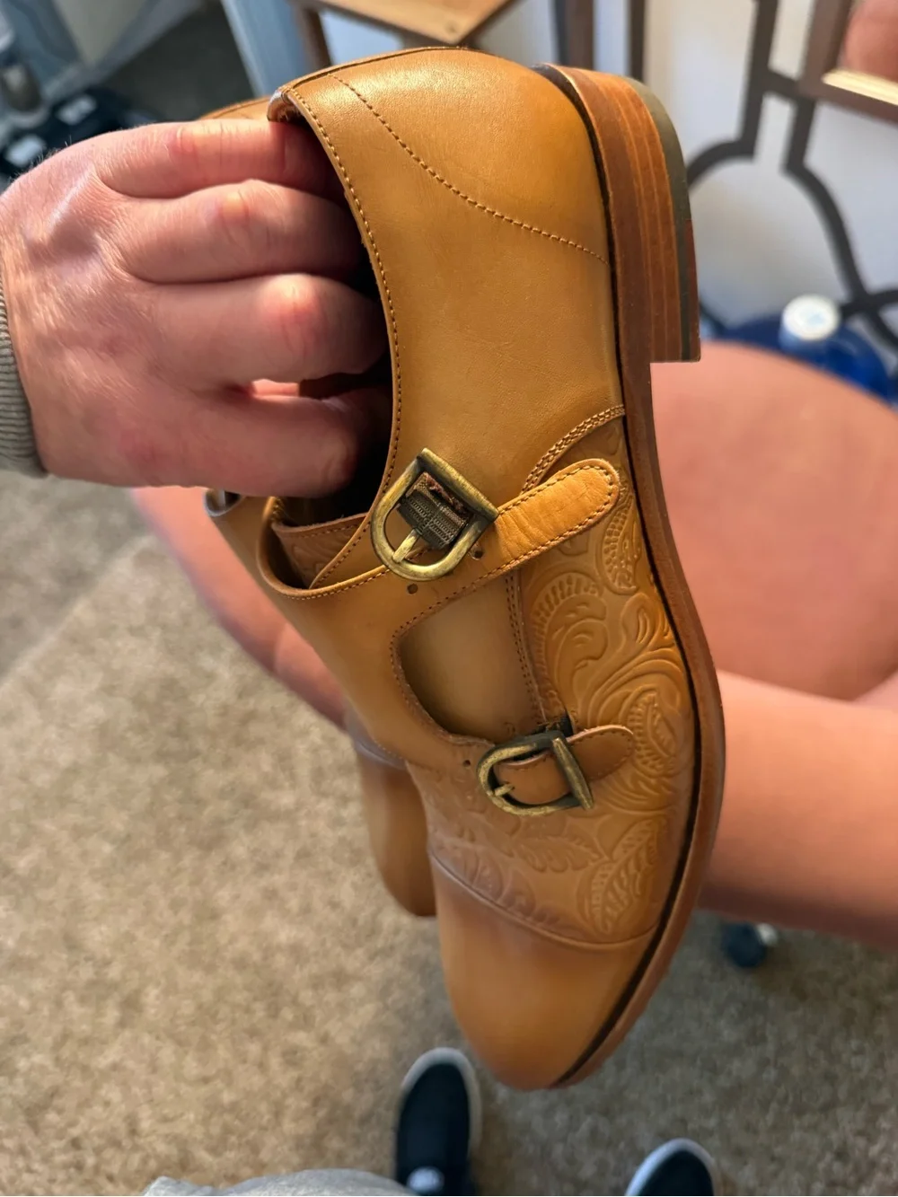 Taft Tan Leather Double Monk Strap Loafers with Embossed Detailing - Picture 4 of 5